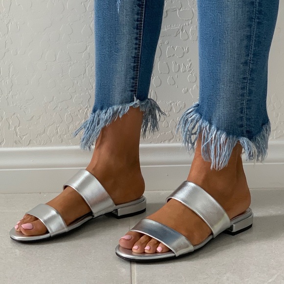 NIB Metallic Silver Double Band Kitten Heel Mule - Picture 7 of 8